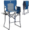 EVER ADVANCED Portable 30.7" Seat Height Tall Folding Chair Directors Chair High Foldable Bar Stool with Side Table for Makeup Artist, Camping, Sports Event, Craft Show, Supports 350LBS Blue Grey