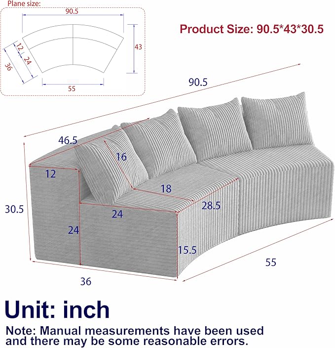 KEIKI Corduroy Curved Sectional Sofa, 2 Seater Symmetrical Modular Semi Circular Couch, Deep Seat Tufted Corner Sofa for Living Room, Lobby, Beige