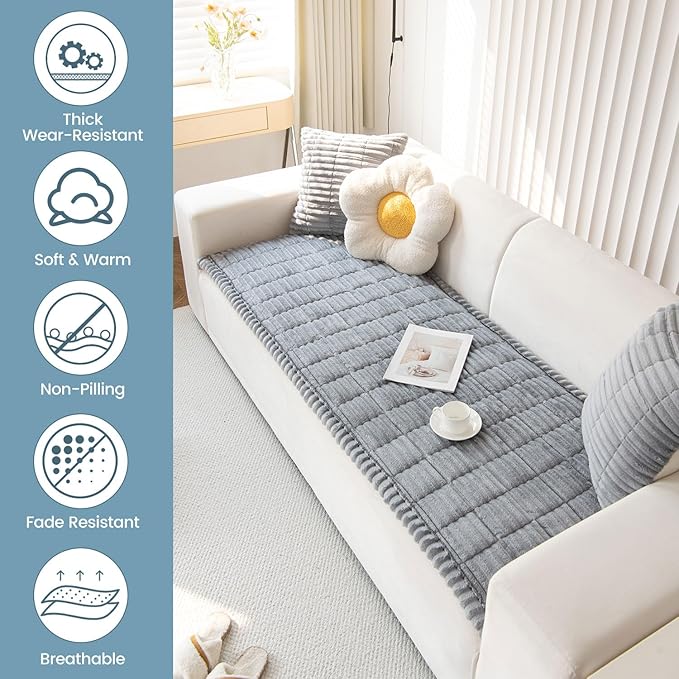 OTOB Sofa Covers for 3 Cushion Couch Washable, Fuzzy Non Slip Pet Friendly Couch Cover Protector Love Seat, All Seasons Soft Plush Furniture Bed Mats Sofa Slipcovers (Gray, 31.5" x 70.9'')
