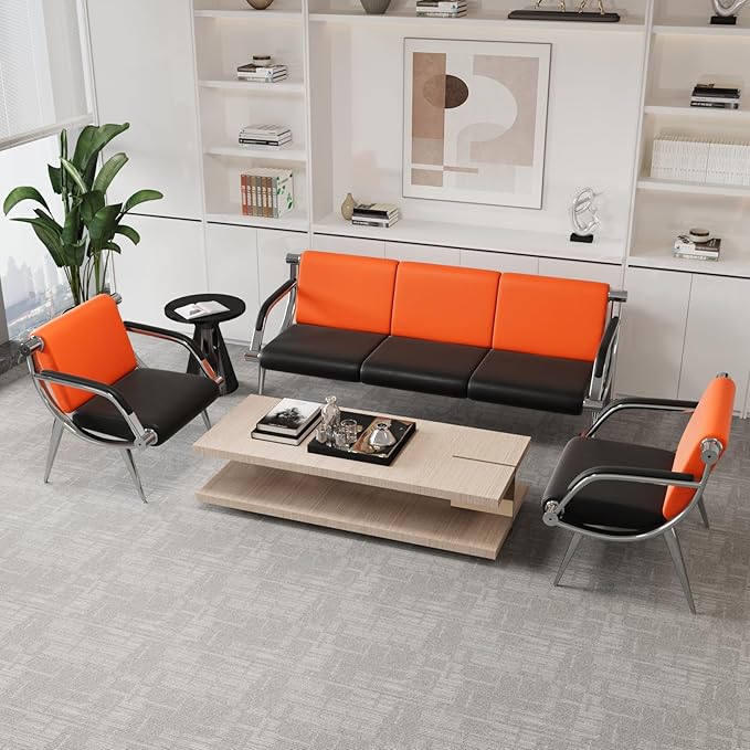 wonline 4 Seat Waiting Room Chair with Armrest PU Leather Office Furniture, Office Guest Seating Lobby Conference Reception Chairs for Airport Clinic Hospital Bank Salon Barber(Orange&Black)
