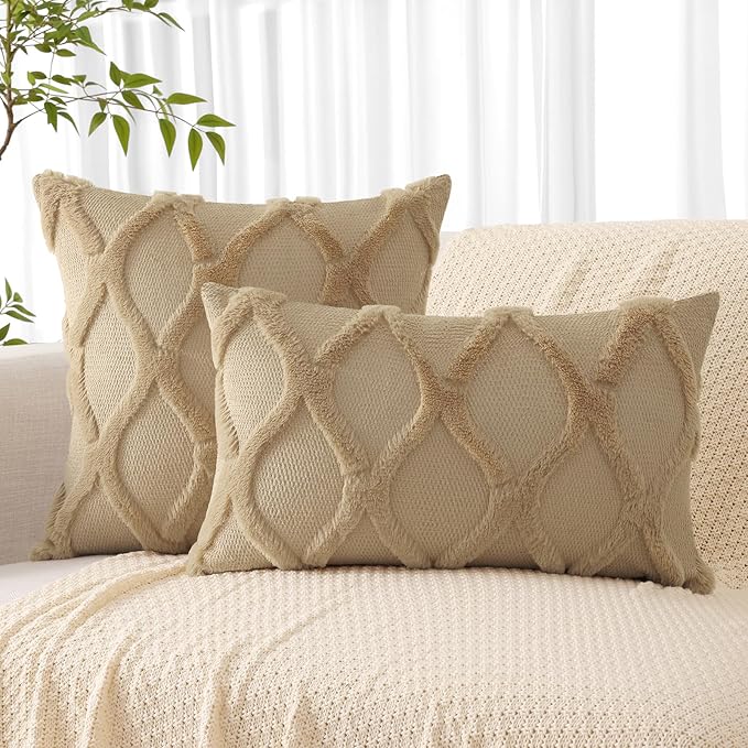 decorUhome Throw Pillow Covers 24x24 Inch Set of 2, Soft Plush Faux Fur Wool Khaki Couch Pillow Covers, Decorative Neutral Pillow Cases for Bed Sofa Living Room Home Decor