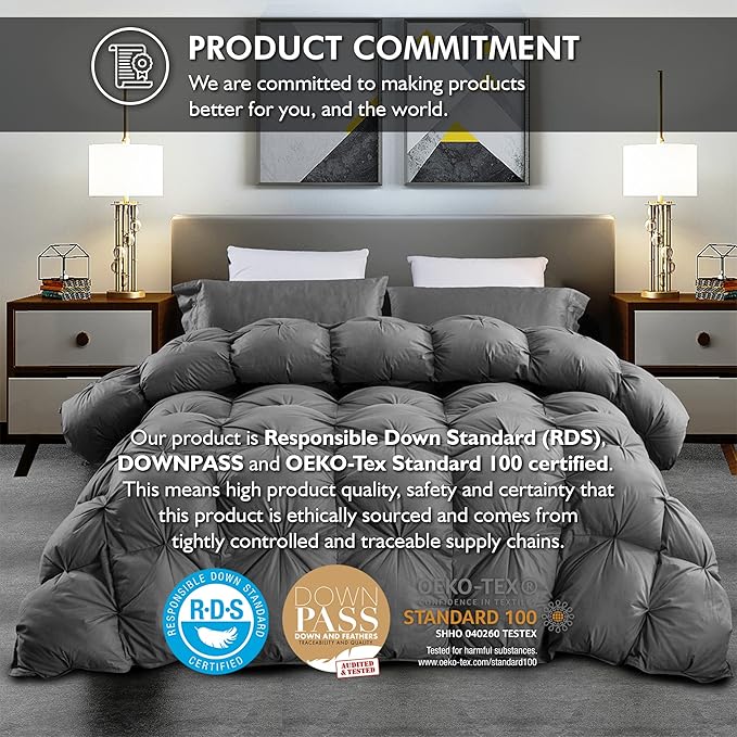 Luxurious Goose Down Feather Fiber Comforter Palatial King Size Duvet Insert, Pinch Pleat Ruffled Twisted Flower, 120 x 98 inches, 100% Egyptian Cotton Cover, 85 oz. Fill Weight, Gray