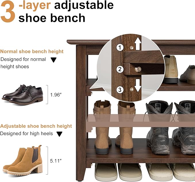 Wooden Storage Shoe Bench, Entryway Bench with 3-Tiers Height Adjustable, Shoe Rack Front Doors Entrances for Hallway Living Room,Mudrooms (Brown,47.2")
