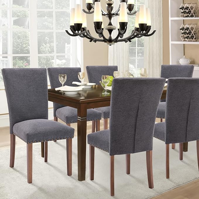 Parsons Dining Chairs Set of 4, Upholstered Nailhead Dining Room Kitchen Side Chair with Thick Cushions and Wood Legs, Dark Grey