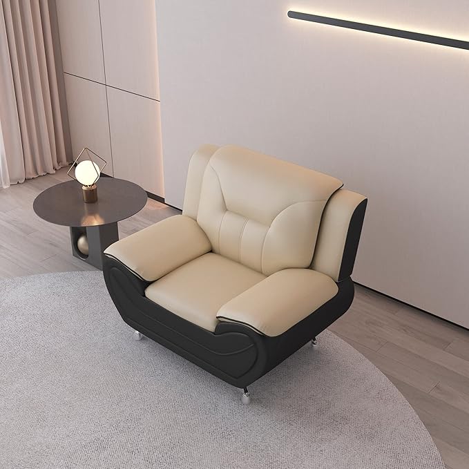 Container Furniture Direct Michael Modern Faux Leather Upholstered Stainless Steel Legs Living Room Sofa, Chair, Camel/Black