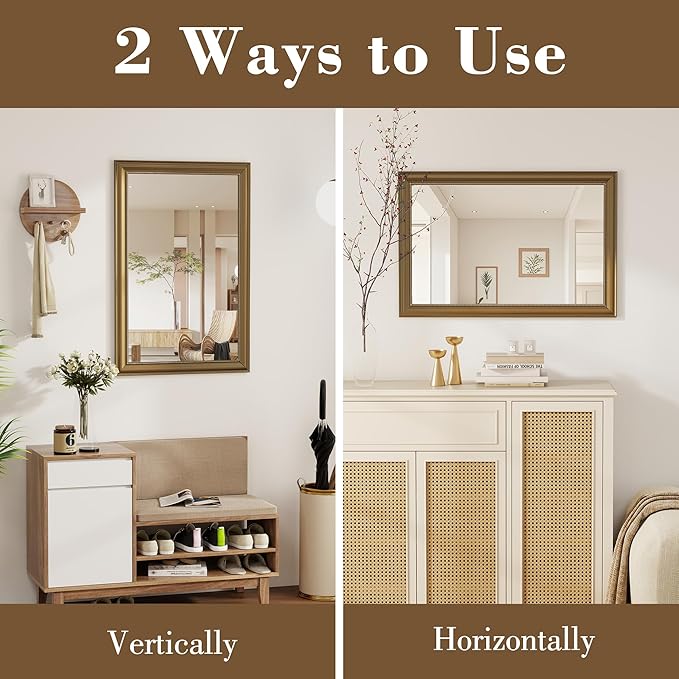Axeman 22x30 Rectangular Wall Mirror, Decorative Bathroom Mirror, Traditional Vintage Wall Mounted Mirror with Beaded Frame for Accent Living Room Vanity Bedroom Entryway, Gold