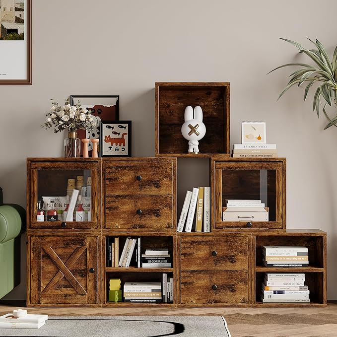 FUSUNBAO Magic DIY Storage Organizer - Stackable Cubes for Home Books, Clothes, Toys-Modular Cubby Storage System-Office Cubical-Bookcase Closet (Antique Brown, 1 Layer Cube)
