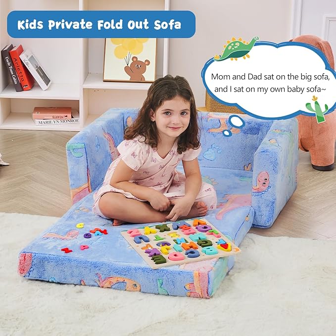 Toddler Couch,Toddler Chair,Extra Wider Seating,2-in-1 Baby Seat Furniture Fold Out, Convertible Sofa to Lounger Comfy Glow in The Dark Sofa Bed,Gifts for Kids Girl Boys,Dinosaur,Large