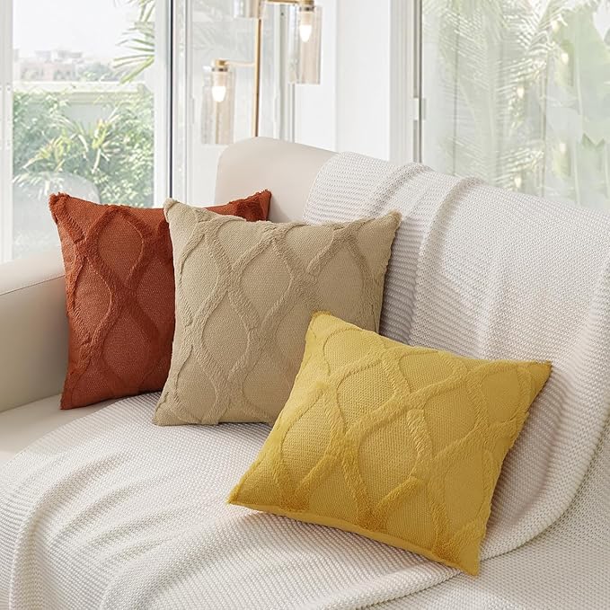 decorUhome Fall Throw Pillow Covers 24x24 Inch Set of 2, Soft Plush Faux Fur Wool Mustard Yellow Couch Pillow Covers, Decorative Neutral Pillow Cases for Bed Sofa Living Room Home Decor
