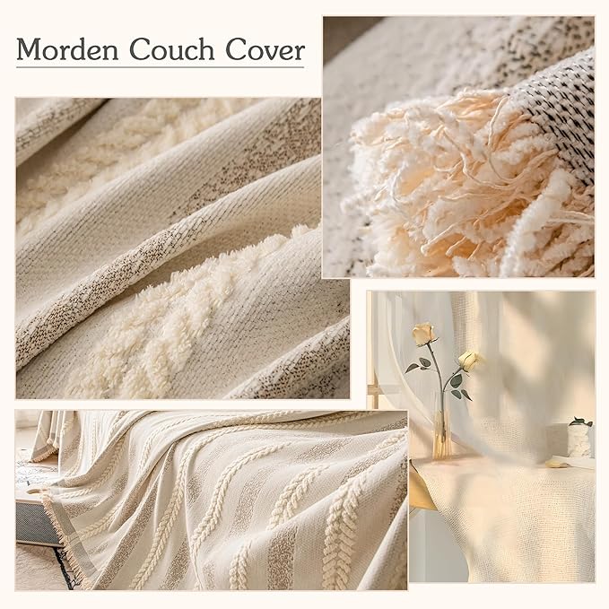 Couch Cover for Dogs Washable Sofa Cover, Sectional Couch Covers, Sofa Covers for 2 Cushion Couch, Non Slip Stripe Sofa Slipcovers Furniture Protector, Couch Protector from Cat Claws, Beige,71''x134''