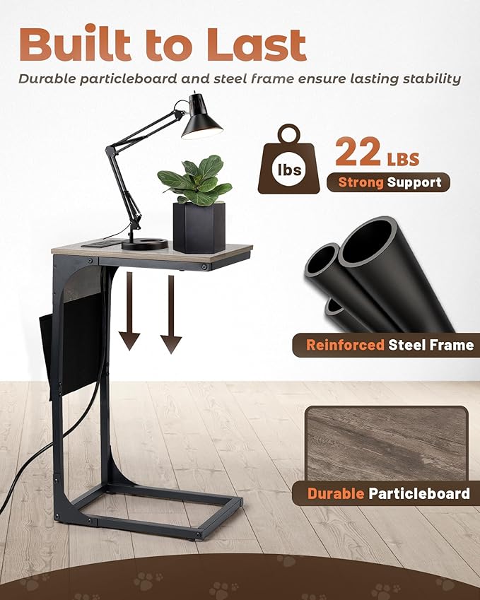 C Shaped End Table with Charging Station, Couch Side Table with Storage Pocket, Slide Under Couch Sofa Table Tray, Greige