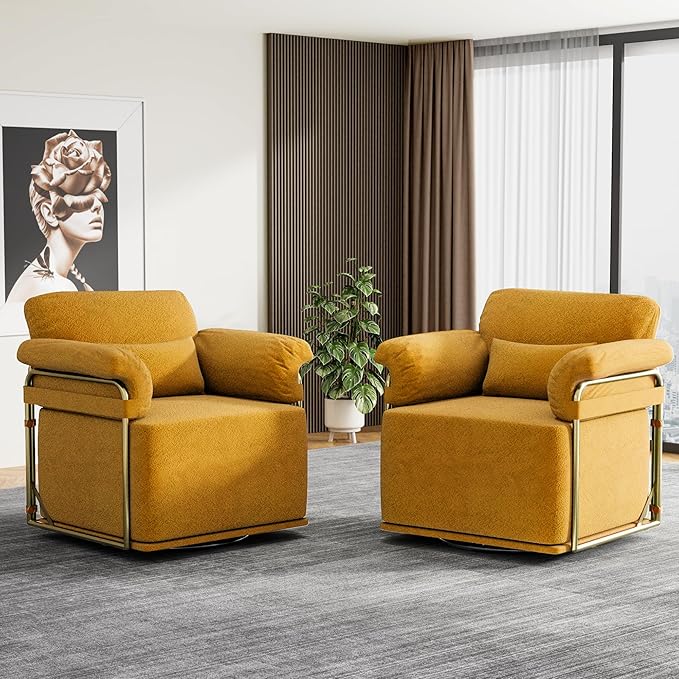 KEIKI Modern Comfy Swivel Accent Reading Chair with Waist Pillows, 360°Square Upholstered Barrel Armchair Single Club Lounge Sofa Chairs for Living Room,Bedroom,Office,Orange