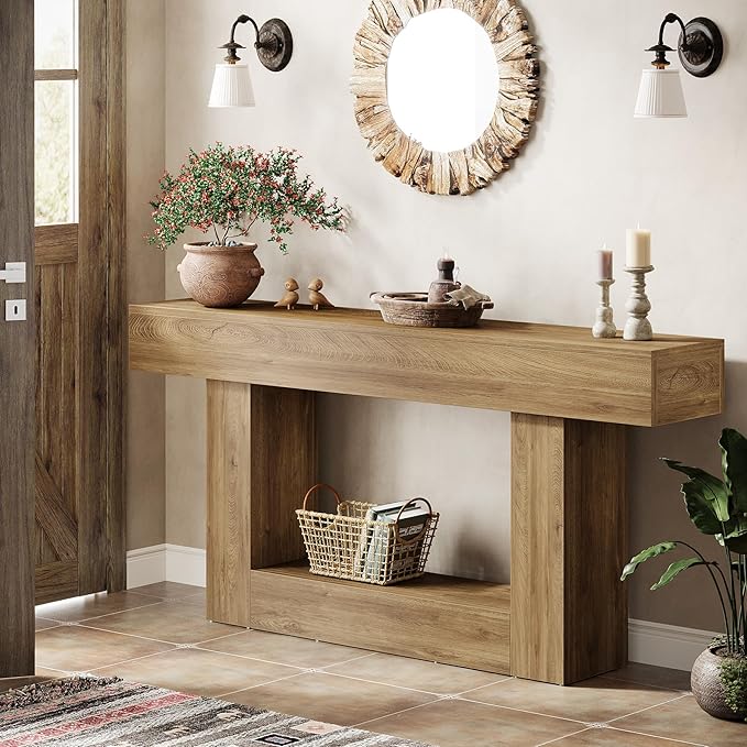 Tribesigns 63" Console Table, Farmhouse 2-Tier Entryway Table with U-Shaped Base, Narrow Long Wood Sofa Table Behind Couch Table for Living Room, Hallway, Foyer, Light Brown