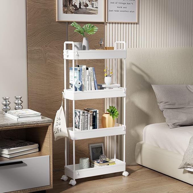 SOLEJAZZ Slim Rolling Storage Cart with Wheels 4 Tier Skinny Bathroom Storage Organizer Narrow Shelf Unit Thin Laundry Room Utility Cart for Bedside Kitchen Office Next to Fridge Small Places, White