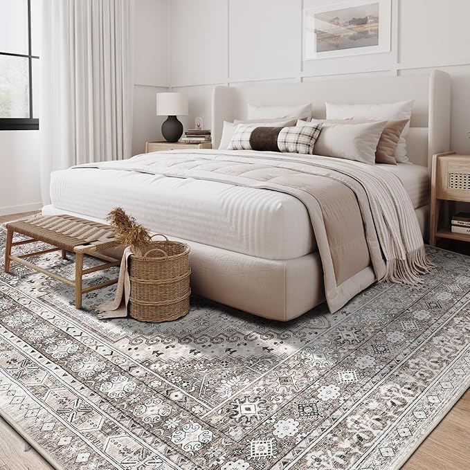 zesthome 5x7 Area Rugs - Ultra-Thin Washble Rug, Stain Resistant Anti Slip Backing Rugs for Living Room,Bedroom, Vintage Home Decor Area Rug (Brown/Beige,5'x7')