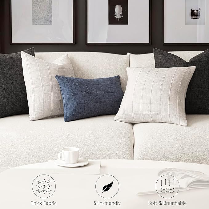 Foindtower Set of 2 Decorative Linen Check Throw Pillow Covers Neutral Farmhouse Vintage Cushion Covers Modern Boho Home Decor for Sofa Chair Couch Bedroom Living Room Outdoor,24×24 Inch,Cream White