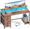 Furologee 47" Computer Desk with 4 Fabric Drawers & Monitor Stand, Gaming Desk with Power Outlets - LED Lights, Home Office Space-Saving Study Table for Bedroom Small Spaces (Rustic Brown)