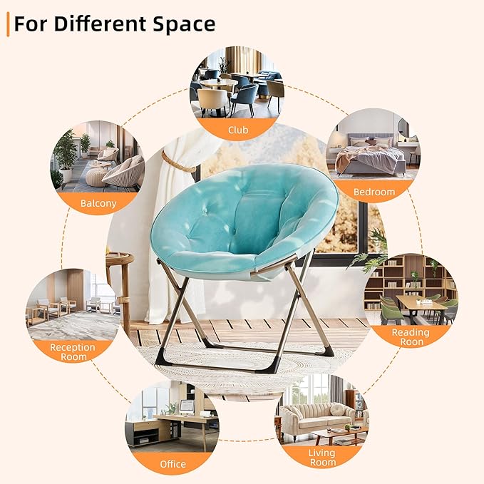 Comfy Saucer Chairs, Blue Folding Reading Lounge Chair, Cozy Faux Fur Living Room Chair with Soft Thick Padded Seat & Metal Frame, Modern Style Bedroom Home for Kids Adults, X-Large, Gold Legs