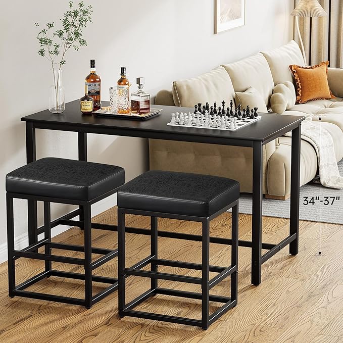 Counter Height Bar Stools Set of 3, 24" Barstools for Kitchen Countertop, Faux Leather Counter Stools with Thick Square Seats & Sturdy Metal Base, Simple Assembly, Black