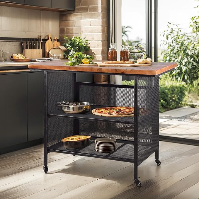 Rustic 3-Tiered Serving Cart with Casters Vintage Rolling Bar Cart for Kitchen Living Room Industrial Mobile Barbecue Cart for Outdoor&Indoor 47.2 * 19.7 * 36.6in L*W*H