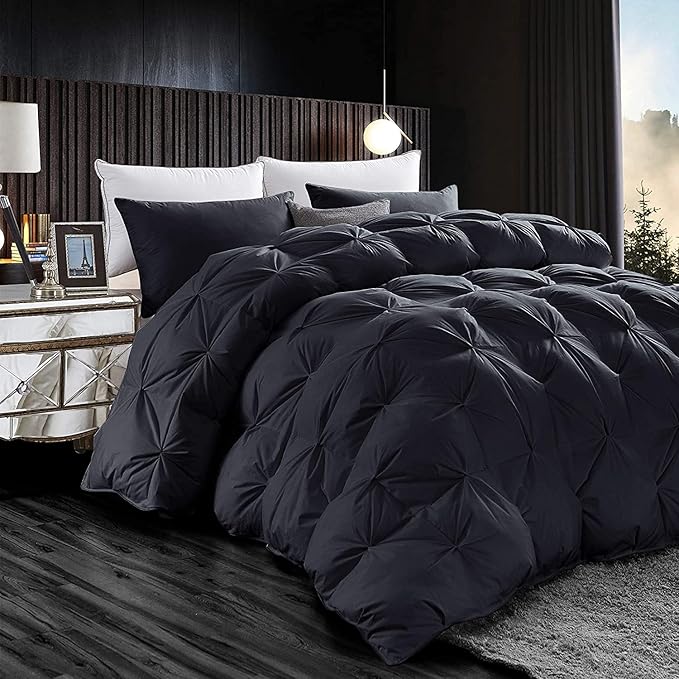 Luxurious All-Season Goose Down Feather Fiber Comforter Super King Size Duvet Insert (120x120), Exquisite Pinch Pleat Design- Black, Premium Baffle Box, 100% Egyptian Cotton Cover, 85 oz. Fill Weight
