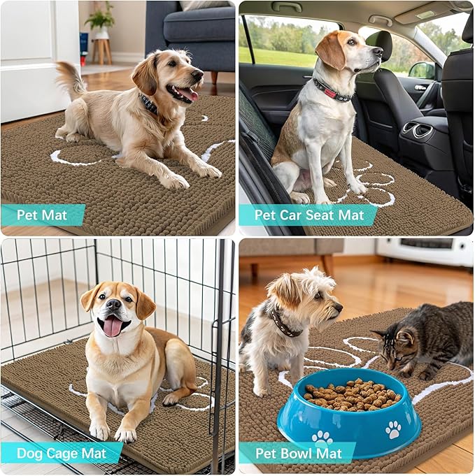 OLANLY Door Mat for Muddy Dog Paws 36x24, Ultra Absorbent Chenille Mud Doormat with Paw Print Design, Non-Slip Washable Doormat for Indoor Entryway, Quick-Dry Pet Bed Mats for Dirty Dogs, Tan