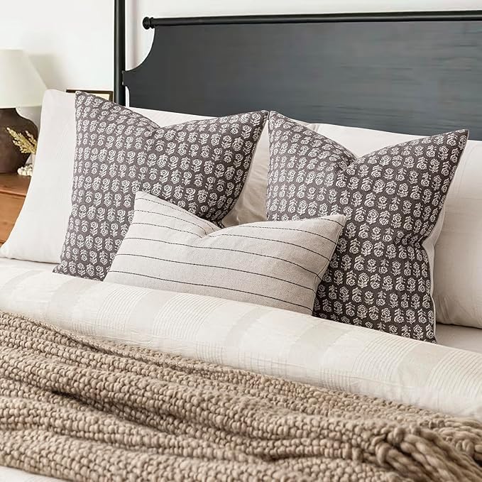 Foindtower Set of 2 Decorative Vintage Floral Print Throw Pillow Covers Neutral Modern Farmhouse Cushion Covers Boho Home Decor for Sofa Couch Chair Bedroom Living Room Outdoor,22×22 Inch,Rustic Gray