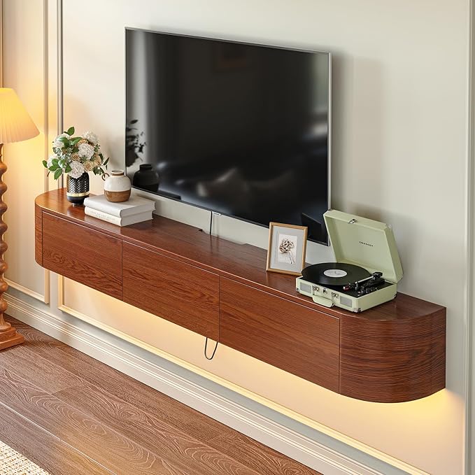 Fully Assembled Floating TV Stand with Drawers, 63IN Vintage Wall Mounted Entertainment Center, Minimalist Large Storage Console Under TV, Solid Wood Media Shelf for Living Room, Bedroom