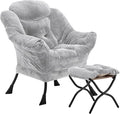 Lazy Chair with Folding Ottoman, Accent Chair Plush Upholstered with Metal Structure and Non-Slip Pads, Sofa Armchair with Footrest and Side Storage Bag for Dorm, Room, Office, Light Gray