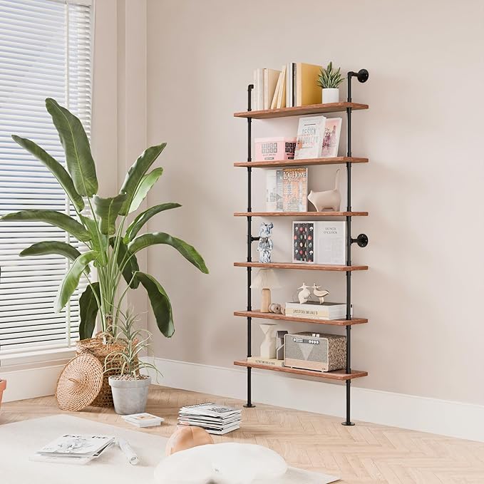 6 Tier Industrial Ladder Pipe Shelf Bookcase, Rustic Wall Mounted Pipe Bookshelves for Decor and Storage