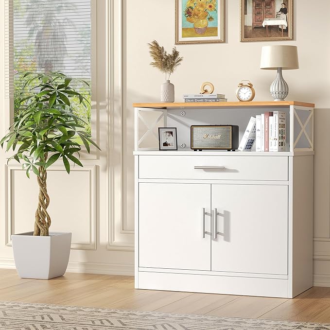 Shintenchi Kitchen Buffet Cabinet with Adjustable Shelf, Modern Kitchen Storage Cabinet,Farmhouse Coffee Bar Cabinet（White）