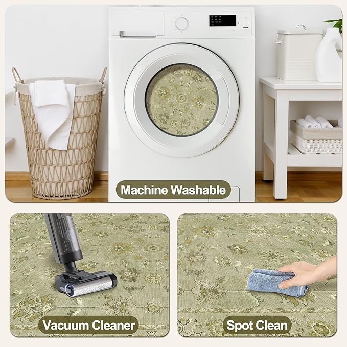 Tangsoo 5x7 Area Rug Washable Rugs for Living Room, Floral Vintage Indoor Non Slip Large Area Rugs, Print Distressed Green Carpet, Soft Low Pile Foldable Floor Rug for Bedroom Dining Room Dorm