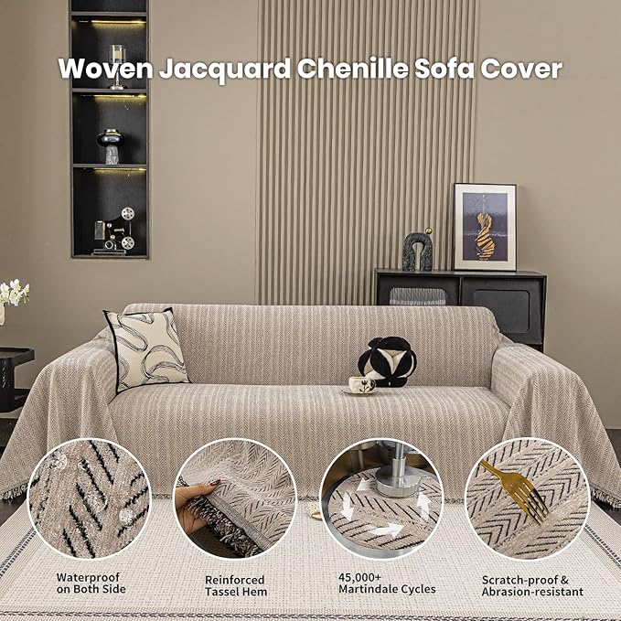 Nobildonna Sofa Chair Cover Waterproof Soft Thicken Chenille Cushion Couch Cover with Tassels,Washable Sofa Slipcovers for Armchair Recliner Sectional Sofa Furniture Protector, Brown 71"x71"