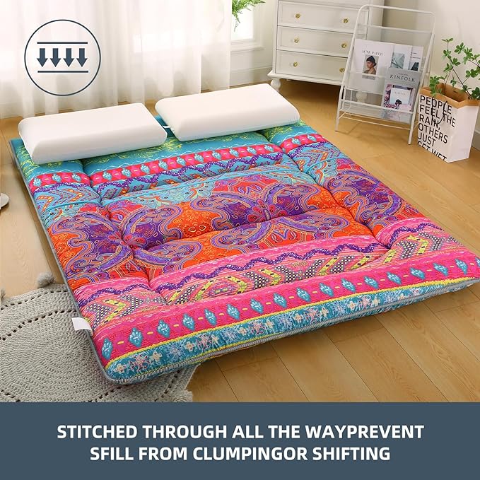 Bohemian Retro Japanese Floor Mattress, Vintage Floral Tatami Floor Mat, Portable Roll up Futon Mattress for Guest,Tavel (D,Queen80 X 60")