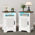 RoyalCraft Farmhouse Nightstand, White Night Stand with LED Lights and Charging Station, Bedside Table Set of 1 with Storage and Door, Wood End Table for Bedroom, Home Office, Antique White