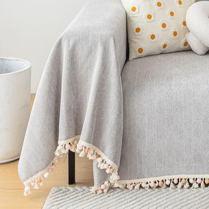 HANDONTIME Grey Sofa Cover for 3 Seat Couch - Dog Resistant, Light Grey, 91" X134", Tassel Chenille Herringbone