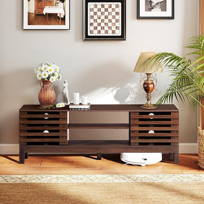 HollyHOME Wood TV Stand for TVs up to 65", Mid Century TV Stand with Storage, Modern Entertainment Center with Fence Door, Accent TV Media Console Table for Living Room, 53"(L), Retro Brown