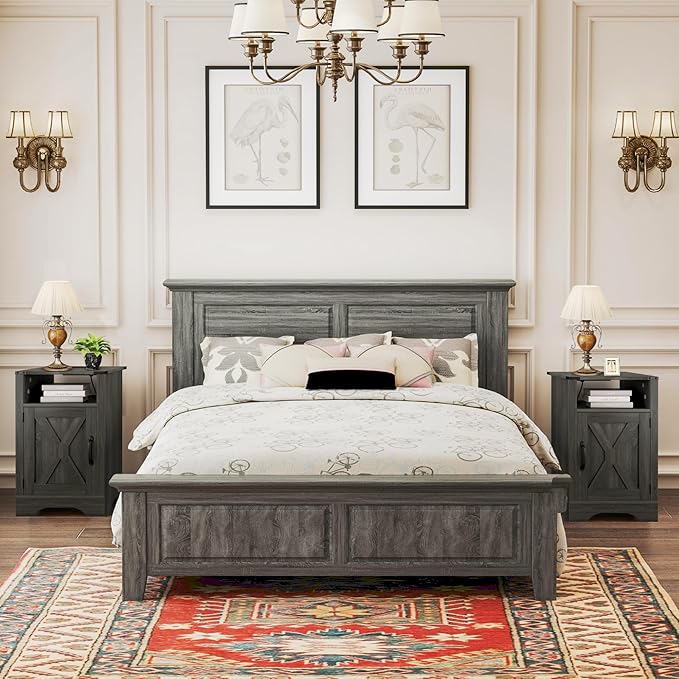 RoyalCraft Set of 1 Farmhouse Nightstand, Grey End Table with Charging Station, Tall Bedside Table with Large Storage Room and Shelf, Wooden Rustic Side Table for Bedroom, Home Office, Dark Grey