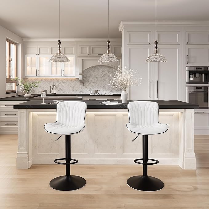 YOUNIKE White Bar Stools Set of 4 Modern Swivel Counter Height Bar Chair with Back Adjustable Kitchen Island Faux Leather Padded Barstools taburetes de bar Breakfast sillas para barra de cocina 4PCS