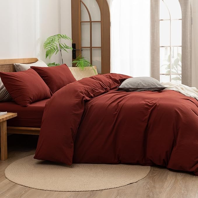 BESTOUCH Duvet Cover Set 100% Washed Cotton Linen Feel Super Soft Comfortable Chic Lightweight 3 PCs Home Bedding Set Solid Fired Brick Red Super Queen