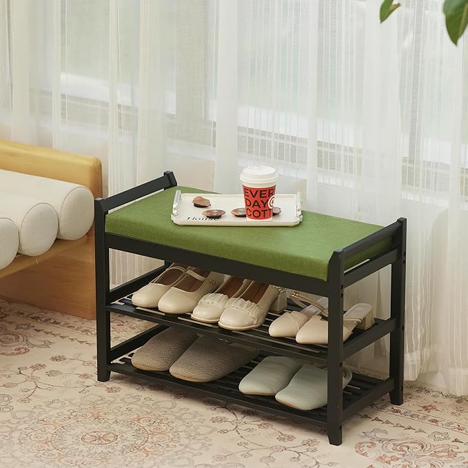 Shoe Rack Bench with Storage 27.6 in, Black Shoe Storage Bench with Cushion for Entryway, Hallway, Bedroom, Living Room
