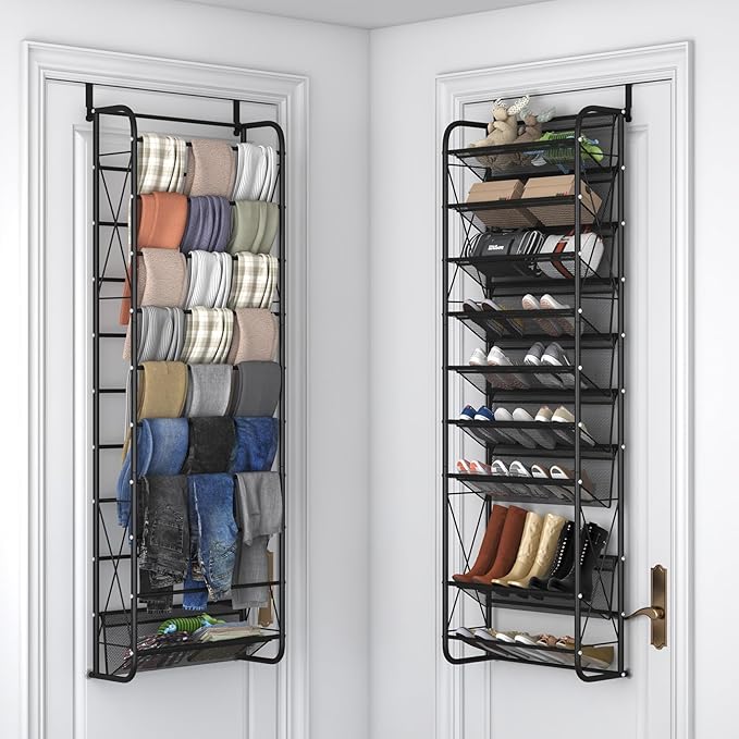 JSB 10 Tier Shoe rack Mesh fabric Over The Door Shoe Organizer X-structure Trouser hangers Closet Pantry Hanging Shoe Clothes Toys Storage Shelves (Black, 10 Tier)