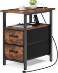 Vagusicc End Table with Charging Station, Narrow Side Table, 23.8'' Tall Nightstand with 2 Fabric Drawers, Small Sofa Side Table Narrow Nightstand for Small Spaces, Living Room, Bedroom, Rustic Brown