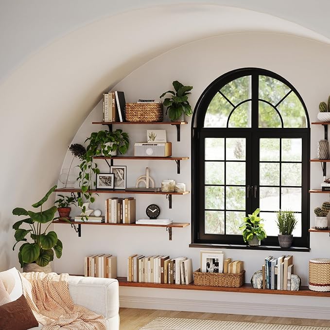DINZI LVJ Long Wall Shelves, 47.3 Inch Large Floating Shelves Set of 4, Wide Display Shelf Wall Mounted with Brackets, Easy Hanging for Living Room, Toilet, Office, Bedroom, Rustic Brown