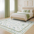 Cream Oushak 6x9 Bedroom Rug - Boho Floral Cool Blue and Green, Washable Low Pile Non-Slip Ultra-Thin Large Area Rugs for Bed Room, Living Room, Playroom