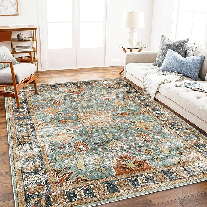 Area Rug 10'x14' Washable Vintage Traditional Mat Distressed Indoor Foldable Thin Retro Accent Floral Print Non Slip Carpet for Living Room Dining Room Office