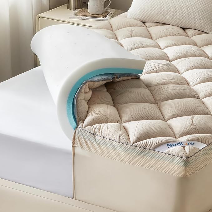 Bedlore 4-Inch Queen Mattress Topper for Back Pain - Dual Layer Medium Support (2" Gel Memory Foam + 2" Cooling Fluffy Pillow Top Pad), Breathable & Pressure Relief (Beige)