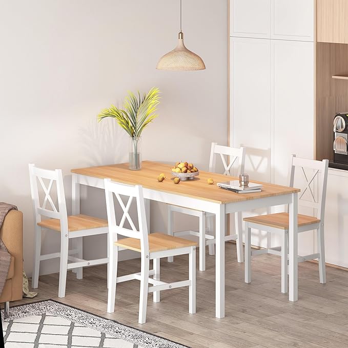 SogesPower Dining Table Set for 4, 5-Piece Wood Kitchen Dining Table Set with 4 Chairs for Kitchen Dining Room Restaurant Small Space, 47" White&Oak