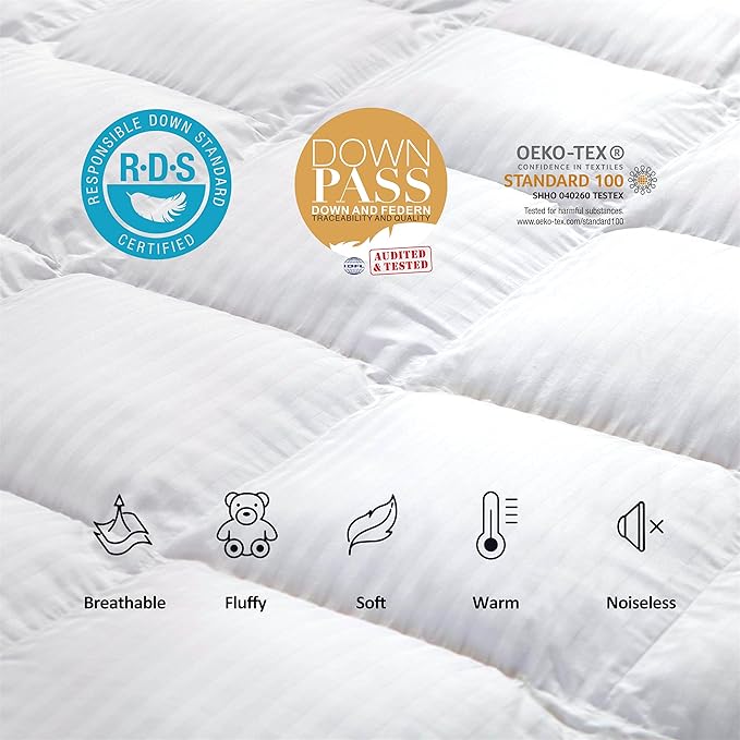 Luxurious All-Season Goose Down Feather Fiber Comforter Duvet Insert, Exquisite California King White Stripe Design, Premium Baffle Box, 100% Cotton Down Proof Fabric, 75 oz. Fill Weight
