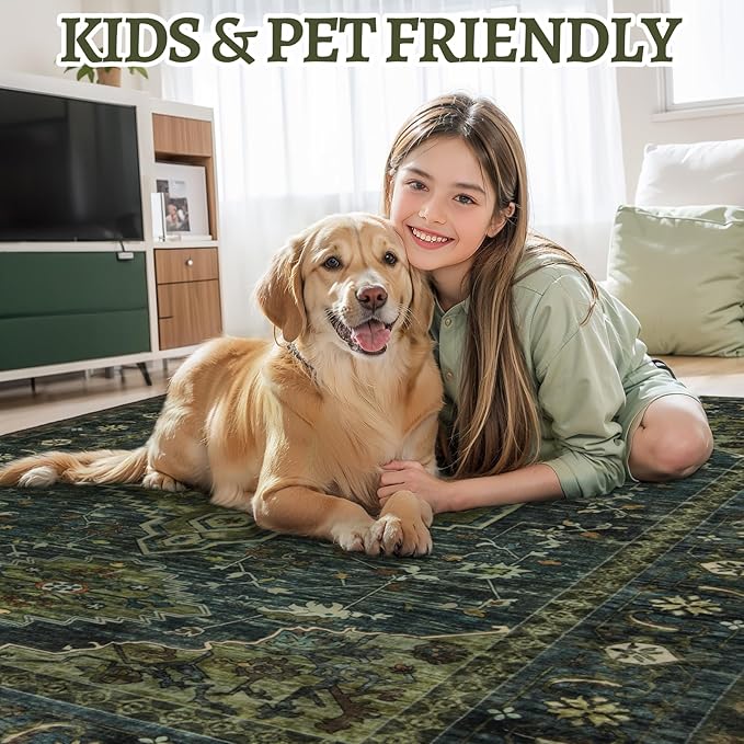 Tangsoo 5x7 Area Rug Washable Rug for Living Room, Vintage Indoor Non Slip Large Area Rugs, Print Distressed Rust Carpet, Soft Low Pile Foldable Floor Rug for Bedroom Dining Room Dorm Olive Green